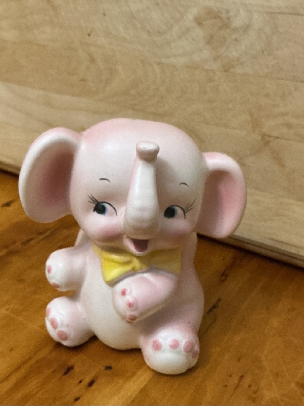 Vintage Antique Pink Ceramic Elephant Figurine with Yellow Bow Planter